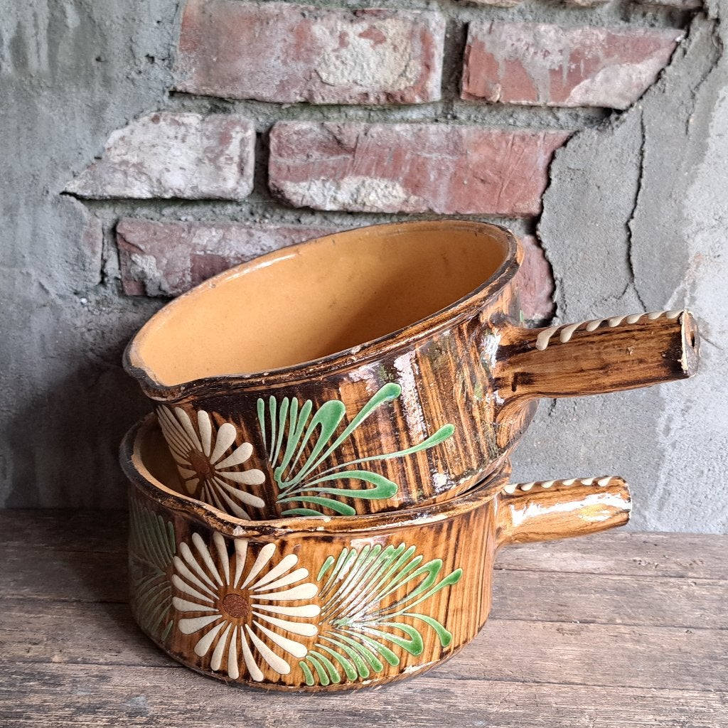 1x Oude Franse aardewerk steelpan fonduepan Elzas *Etage3*, Gebruikt, ., Ophalen of Verzenden, .