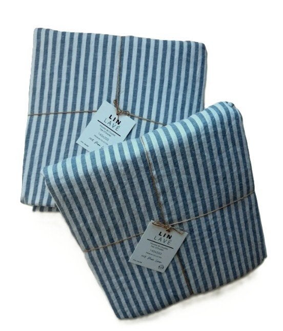 100% linnen dekbedovertrek 140x200 (set van 2) Blue/White, Ademend, Eenpersoons, Blauw, Nieuw