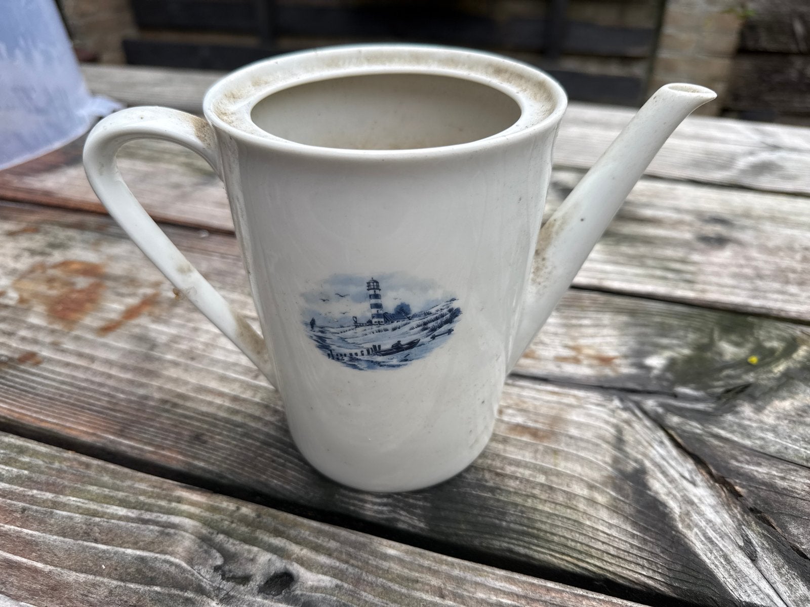 Antieke koffiekan met vuurtoren decoratie, Ophalen of Verzenden