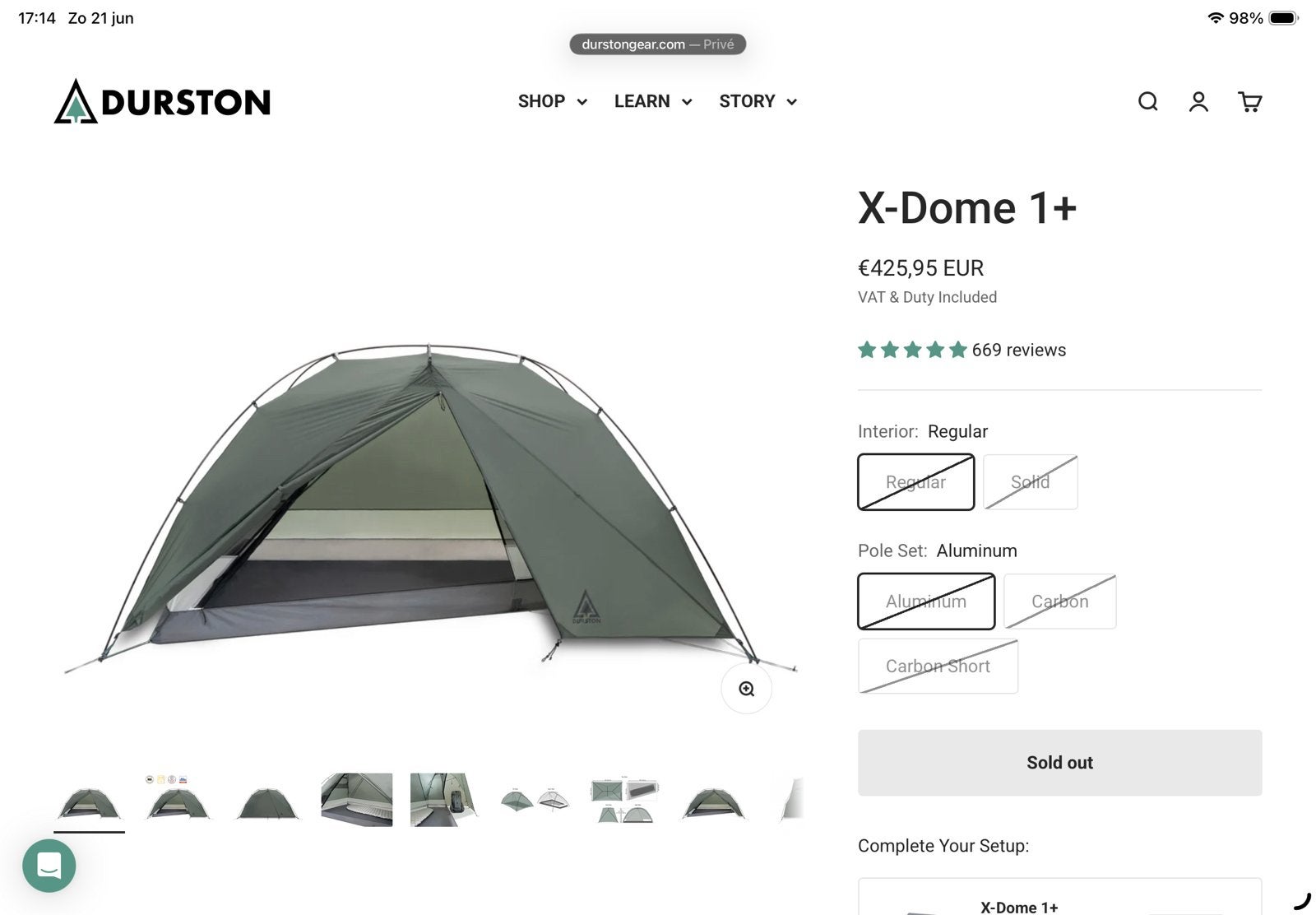 Durston X-Dome 1 - uniek = nooit gebruikt, Caravans en Kamperen, Tenten, Ophalen of Verzenden, Zo goed als nieuw