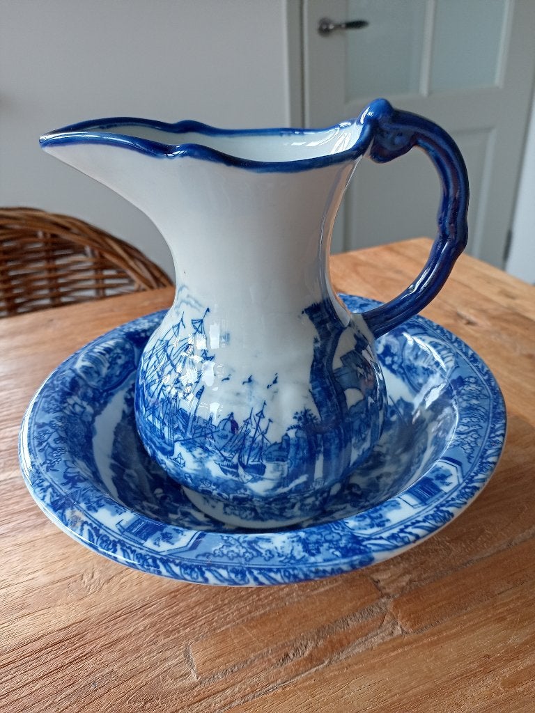 Lampetstel/set kan en schaal blauw/wit/schepen, Ophalen of Verzenden