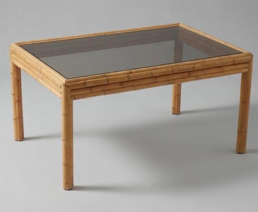 1970s Bamboo and Smoked Glass Dinning Table 142x93cm, Verzenden, Zo goed als nieuw