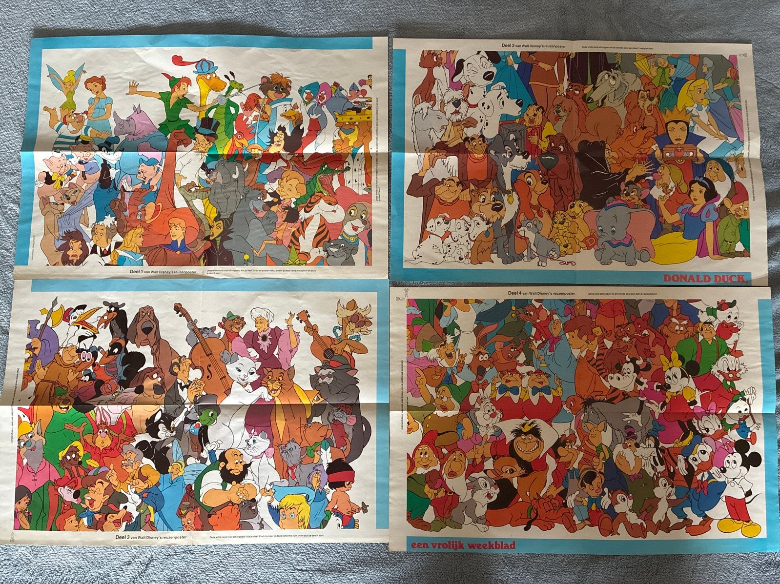 Vintage Disney Reuzenposter Donald Duck Weekblad (4 delen), Verzamelen, Deurposter of groter, Ophalen of Verzenden, Film en Tv