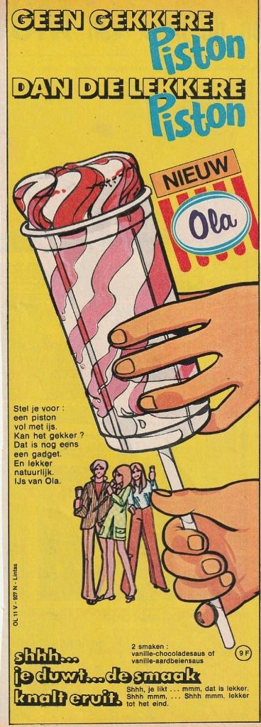 Retro reclame 1970 Ola Piston ijsje smaak knalt eruit, Verzamelen, Verzenden, Overige typen