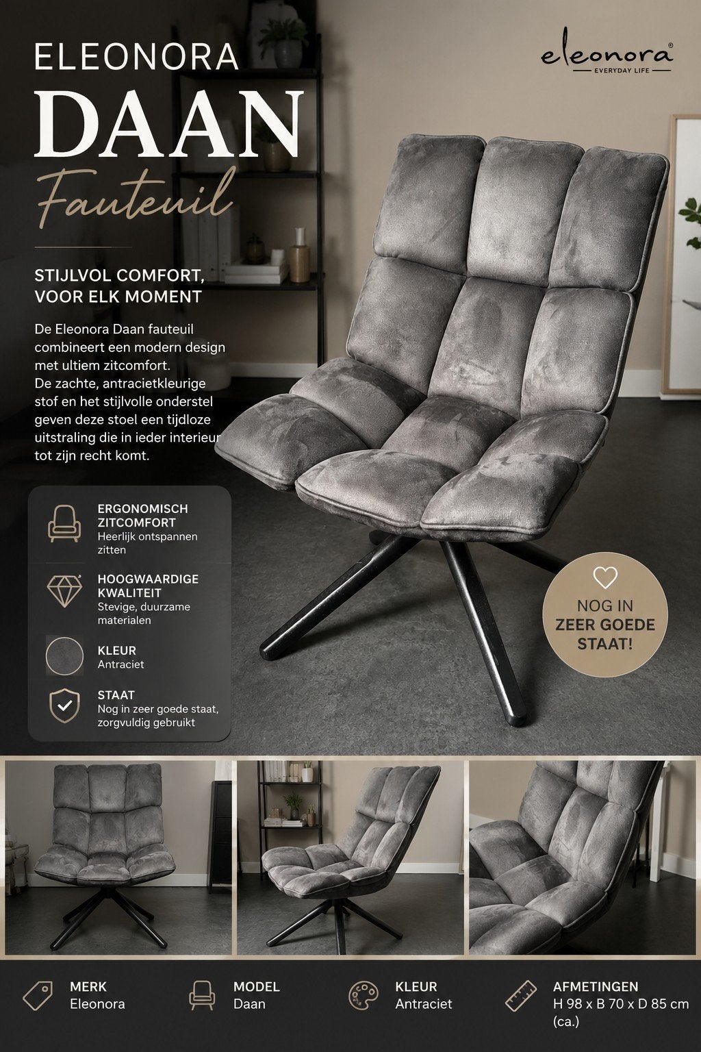 Eleonora Daan Fauteuil - Antraciet - Zo goed als nieuw, Ophalen, 75 tot 100 cm, Zo goed als nieuw, Stof