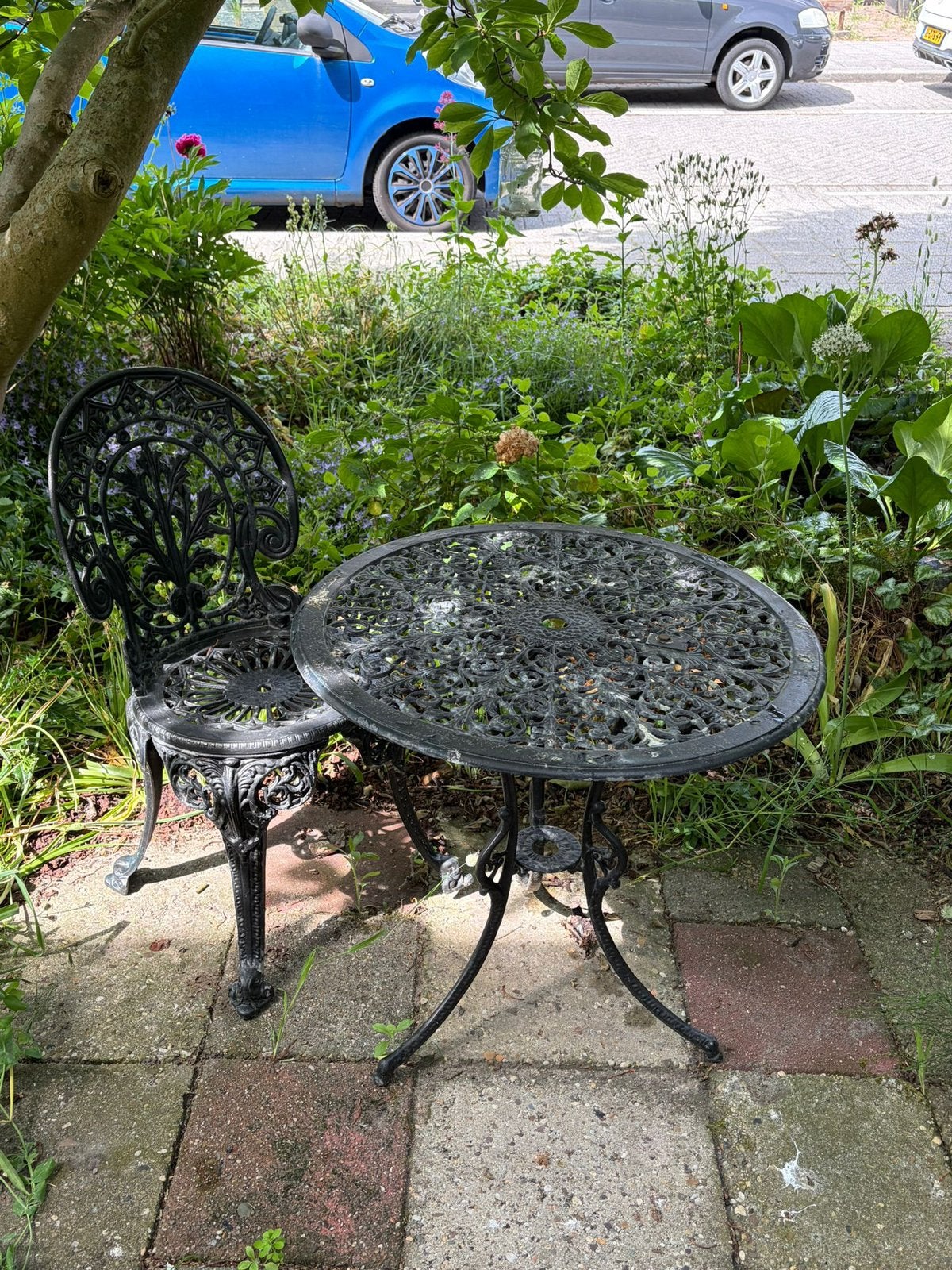 Bistro set / tafel en 1 stoel, Tuin en Terras, Tuinsets en Loungesets, Ophalen, Overige materialen, Gebruikt, Tuinset