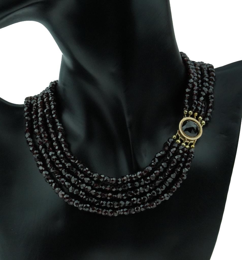 Granaat antieke ketting fraai 14k slot goud 5-strengs dames