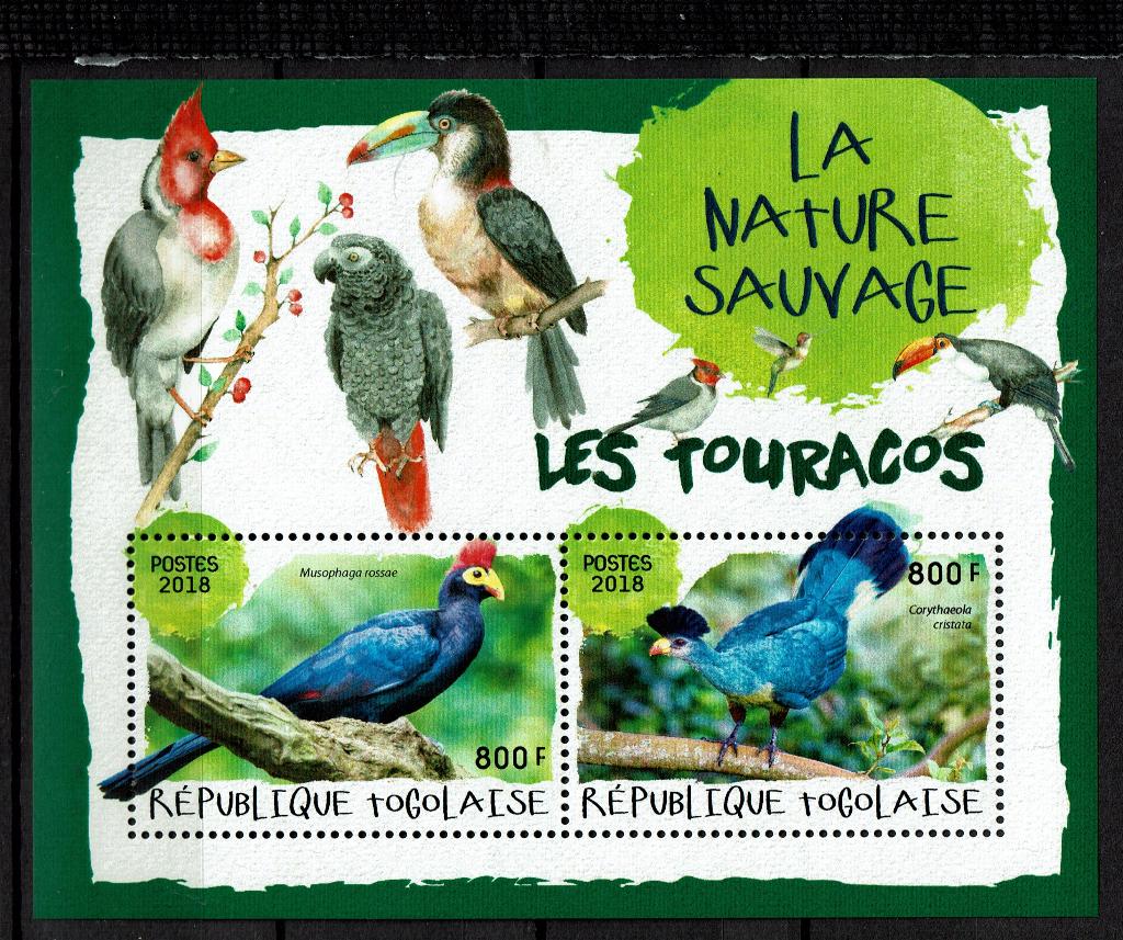 togo 2018 pf blok toerako vogels birds touraco 1, Ophalen of Verzenden, Postfris, Dier of Natuur