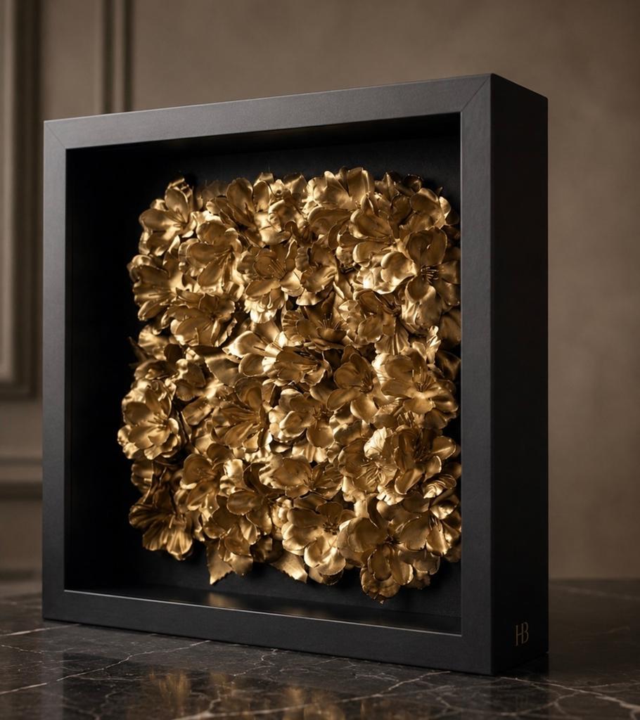 3D gouden bloemen in zwarte lijst (35x35) | Hotel Chic, Ophalen of Verzenden, Handgemaakt, Wanddecoratie, 20 - 50 cm