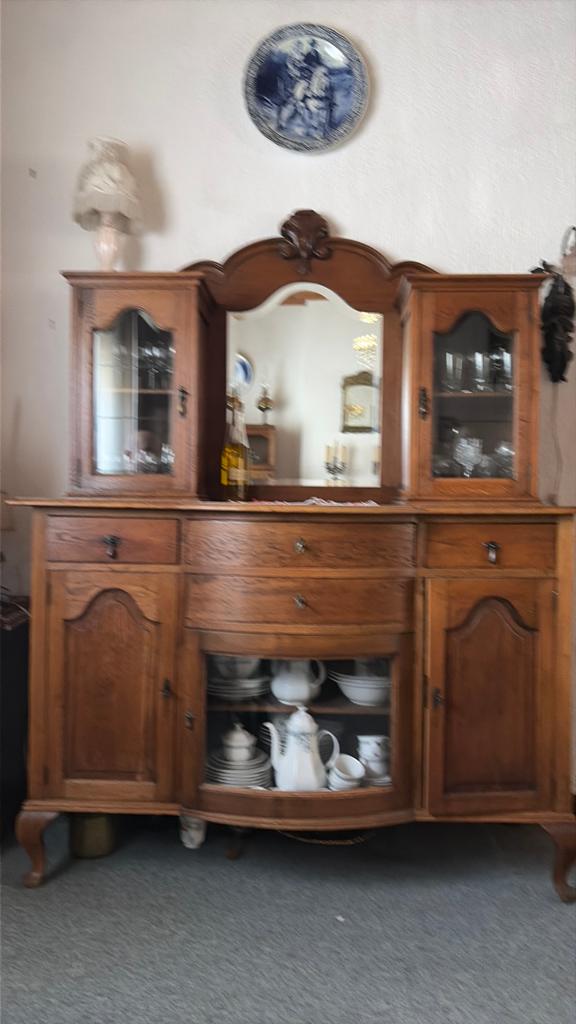 Antiek dressoir met spiegel en vitrinekasten, Ophalen of Verzenden