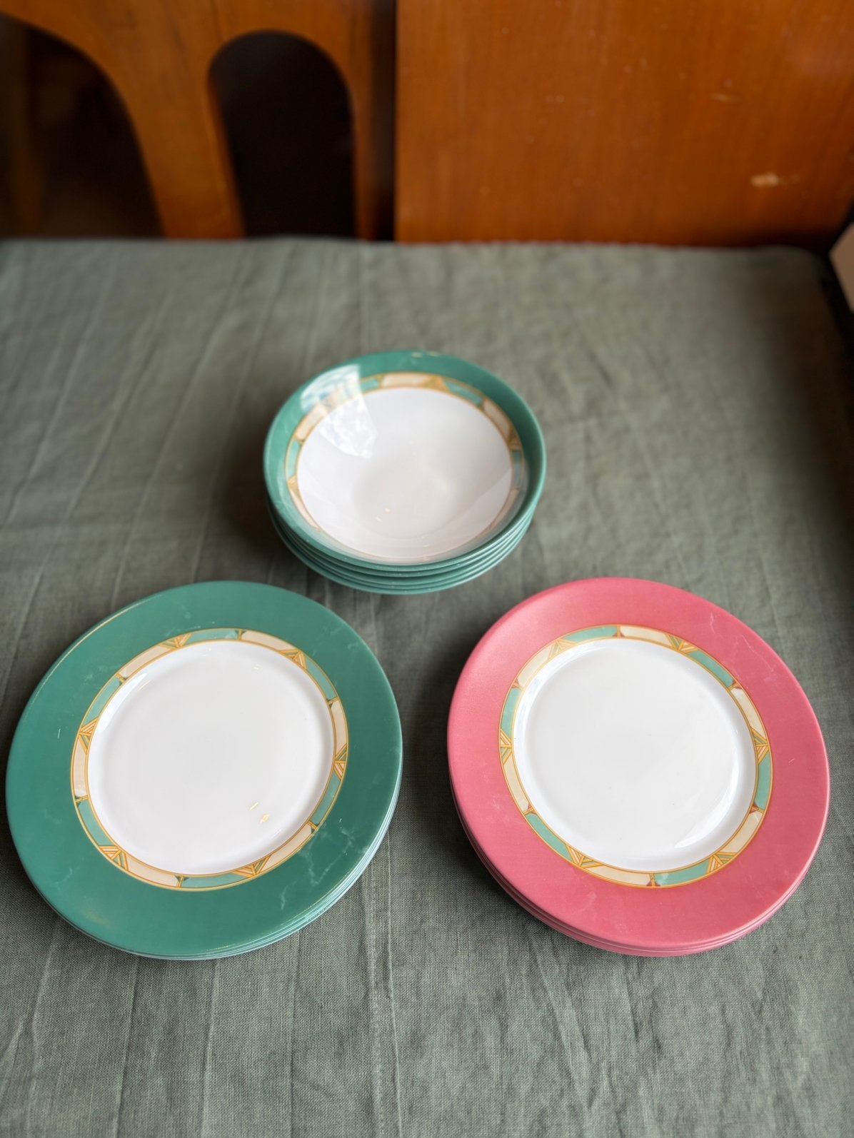 Vintage Arcopal serviesset (16st) • roze & groen  • Jaren 90, Huis en Inrichting, Ophalen of Verzenden, Bord(en), Overige stijlen