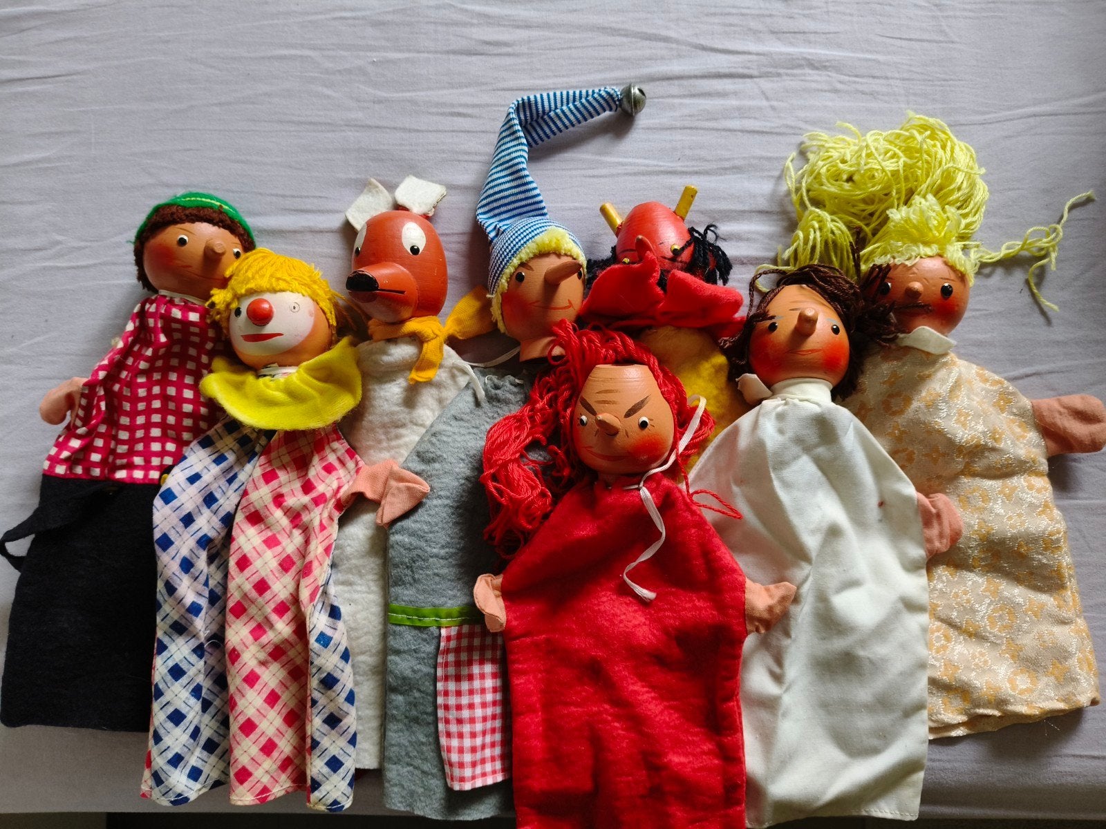 Set van 8 Vintage Handpoppen - Houten Hoofden, Ophalen, Gebruikt, Pop