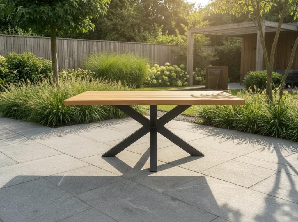 Massief Douglas Houten Tuintafel – Met Stalen Matrix Poot, Ophalen of Verzenden, Nieuw, Rechthoekig, Hout