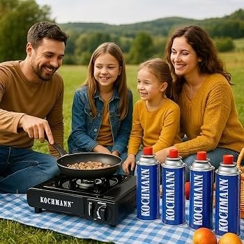Kochmann Draagbaar Camping Gaskooktoestel + 4 Gasflessen, Ophalen of Verzenden, Nieuw