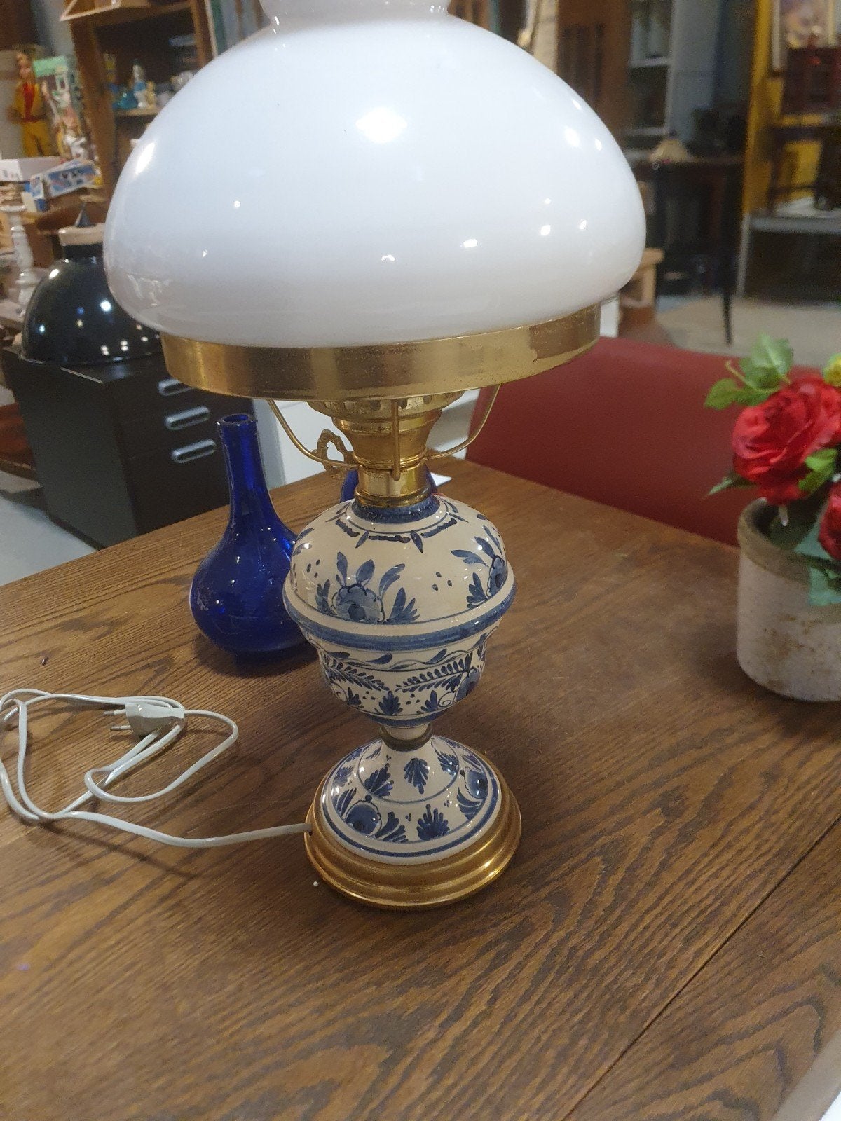 Delfts Blauw Tafellamp met Melkglas Kap, Ophalen of Verzenden
