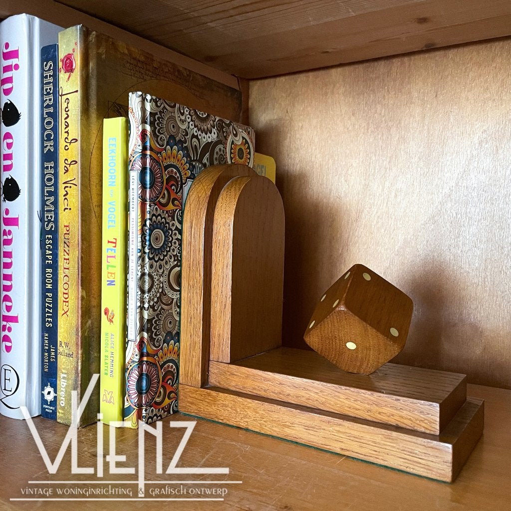 Vintage houten boekensteun met dobbelsteen design, Ophalen of Verzenden