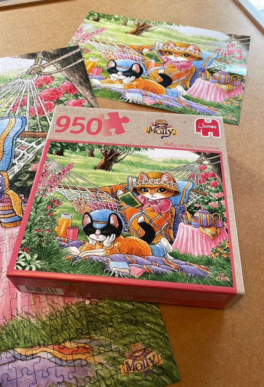 Jumbo puzzel 950 stukjes - Katten in hangmat (Molly), Ophalen of Verzenden, 500 t/m 1500 stukjes, Zo goed als nieuw, Legpuzzel