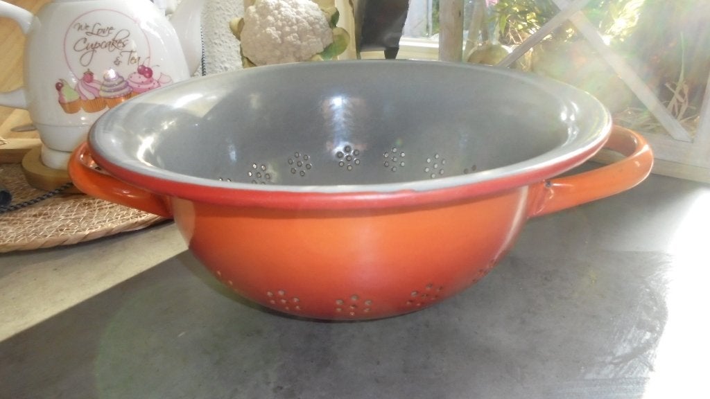 oranjegevlamd emaille vergiet, doorsnee 28cm, Ophalen of Verzenden