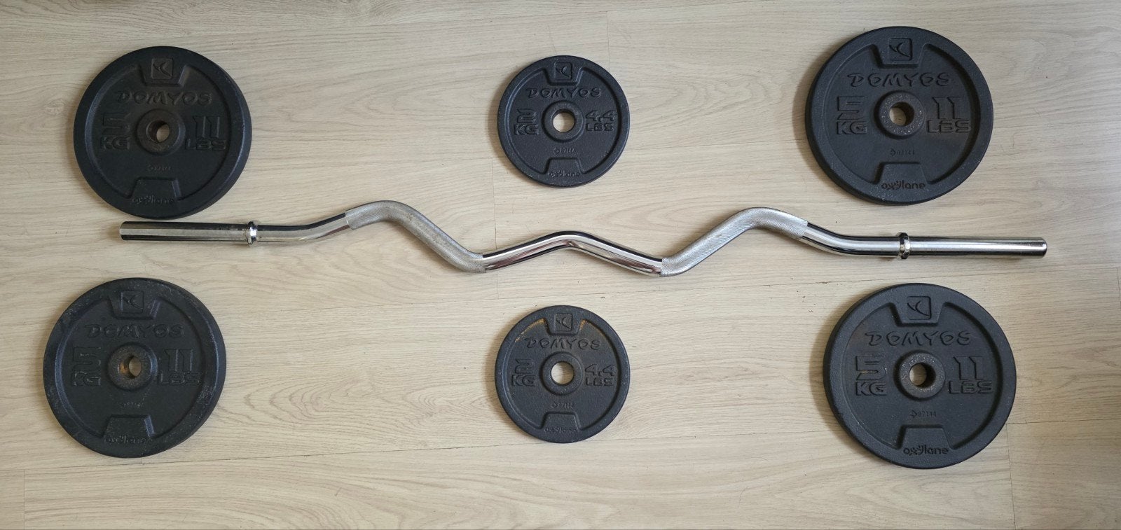 Domyos EZ Curl Stang met 20kg Halterschijven, Sport en Fitness, Fitnessmaterialen, Ophalen of Verzenden, Gebruikt, Armen, Halterset
