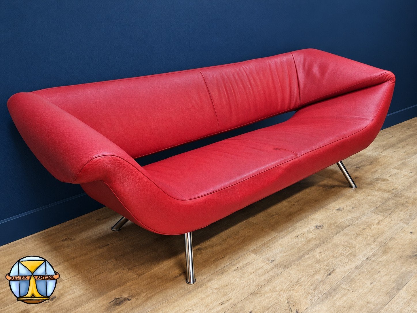 Vintage rood leren Leolux Arabella design bank/sofa gebruikt, ., Driepersoons, 75 tot 100 cm, Ophalen of Verzenden