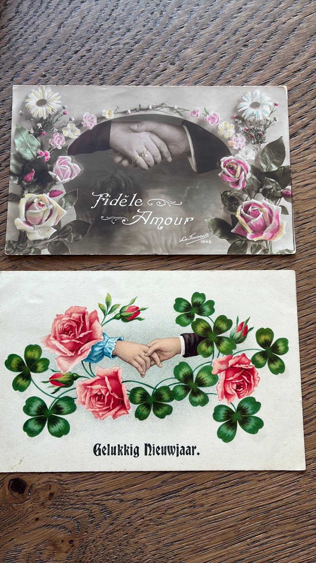 Elkaar een hand geven. Klaver, rozen. 1916, Ophalen of Verzenden, Voor 1920, Gelopen, Overige thema's