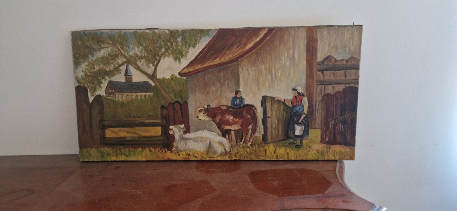 Mooi geschilderd schilderij: Boerderijtafereel met vee, Ophalen of Verzenden