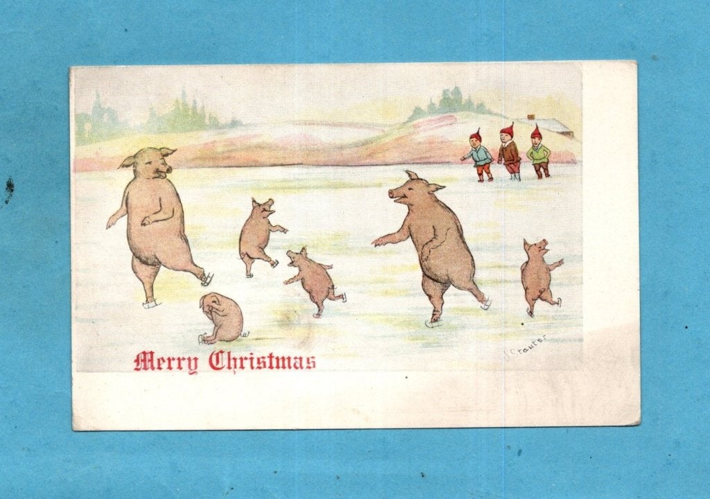 Leuke oude kerstkaart met schaatsende biggetjes W323 ca1900, Verzamelen, Ophalen of Verzenden, Voor 1920, Ongelopen, Feest(dag)