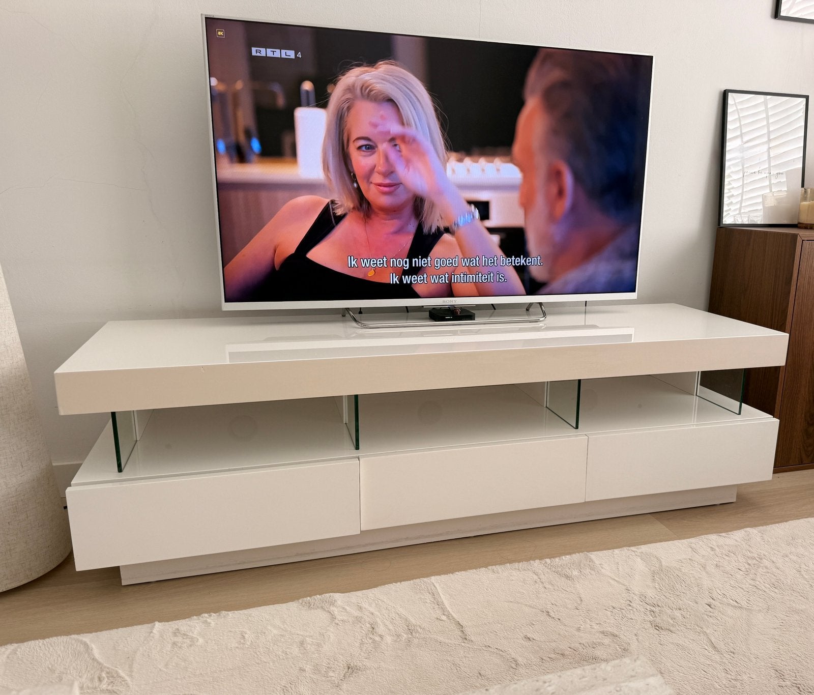 Wit hoogglans tv meubel, Ophalen, Gebruikt, 25 tot 50 cm, Minder dan 100 cm