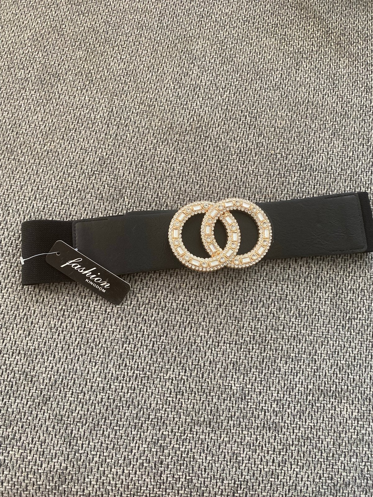 Elastische Riem met Dubbele Ring Gesp en Steentjes, 3 tot 5 cm, Minder dan 80 cm, Zwart, Nieuw