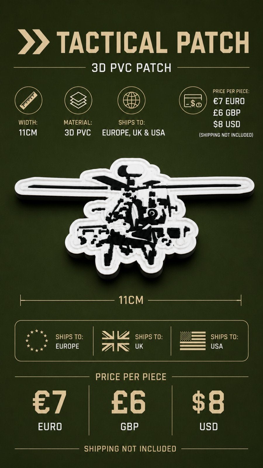 AH-64E Apache Echo PVC-3D patch met klittenband - 11cm, Ophalen of Verzenden, Nieuw, Patch, Badge of Embleem