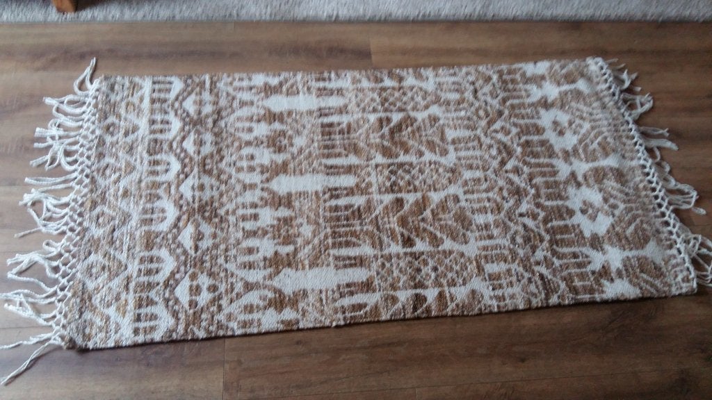 Vloerkleed met franjes bruin en okerkleurig 80 x 150, Ophalen, Bruin, 100 tot 150 cm, Nieuw