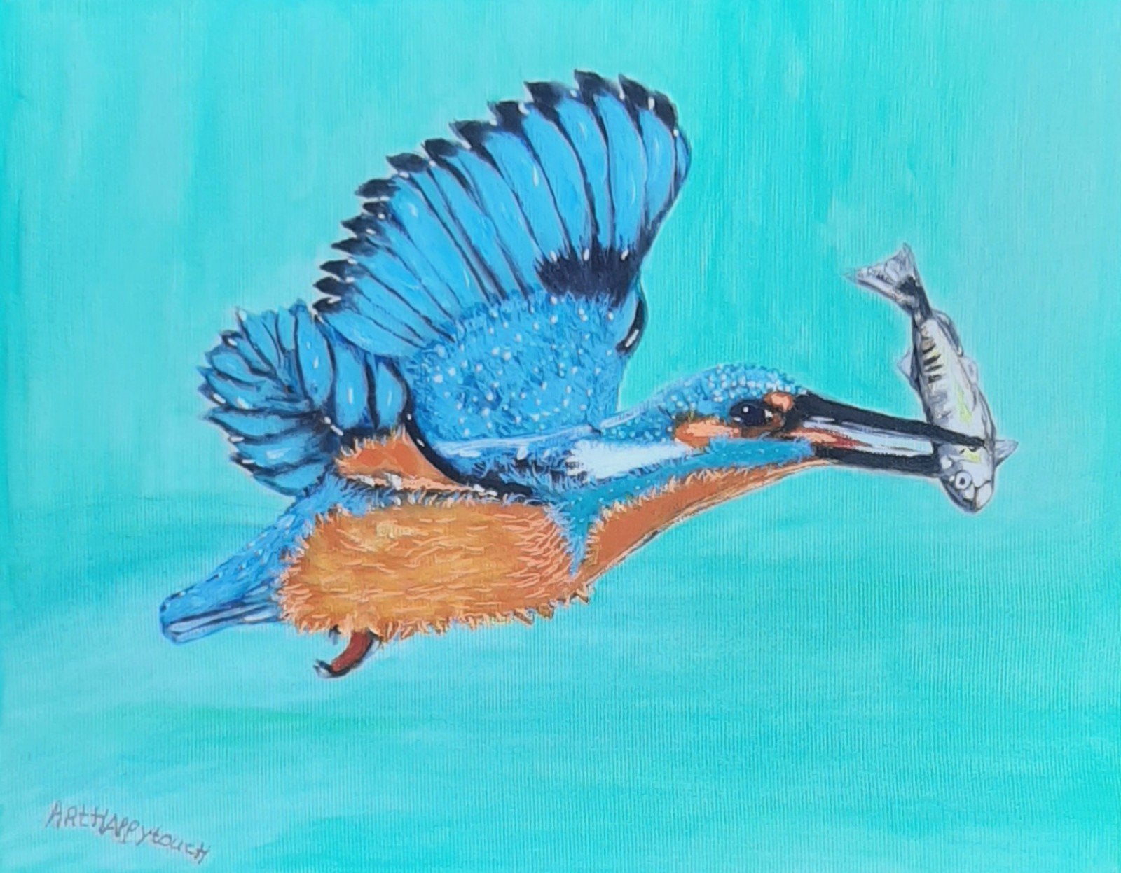 Schilderij IJsvogel met vis acryl op canvas, Ophalen of Verzenden