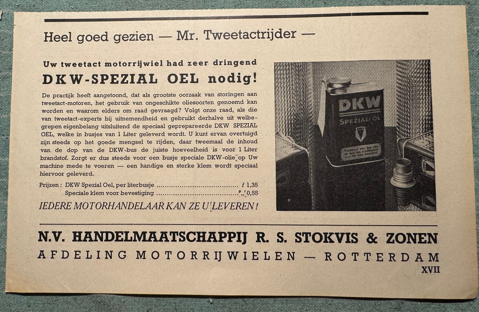 Advertentie 1937 DKW tweetakt olie spezial oel Stokvis, Verzenden, Gebruikt, Overige typen