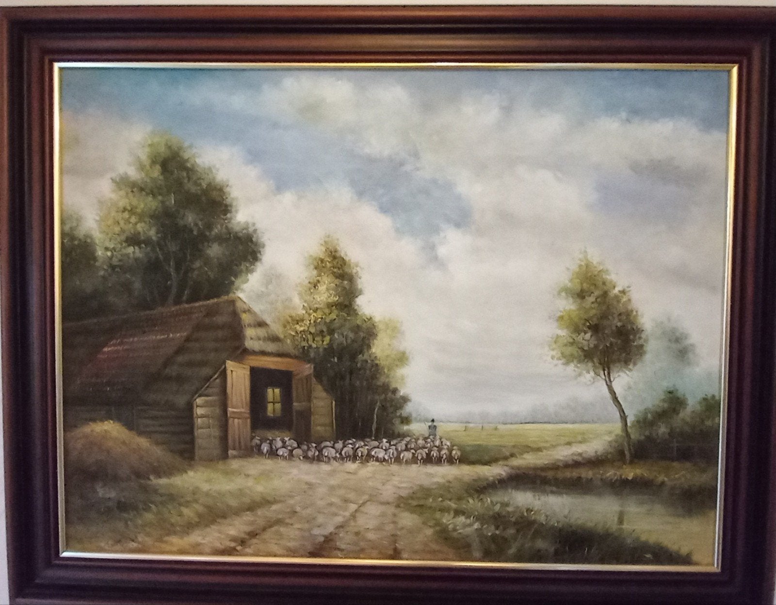 Schilderij op doek landschap met schaapskooi, Ophalen, Acrylverf, Doek, Oud hollands
