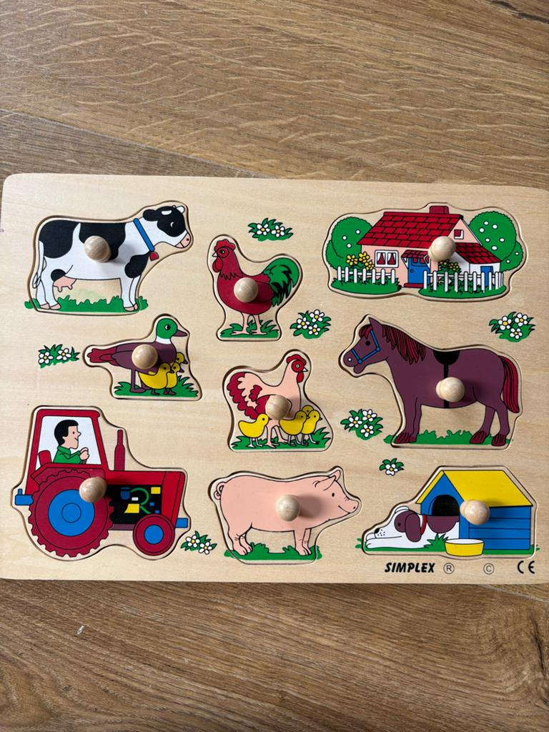 Houten boerderij puzzel met dieren en tractor, 2 tot 4 jaar, Gebruikt, Ophalen of Verzenden, Van hout