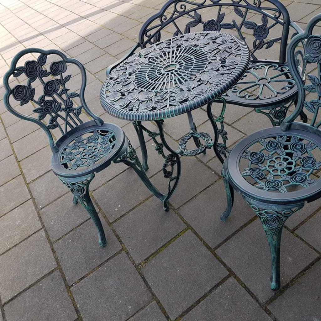 Gietaluminium tuinset met roosmotief 4delig, Ophalen of Verzenden, Gebruikt