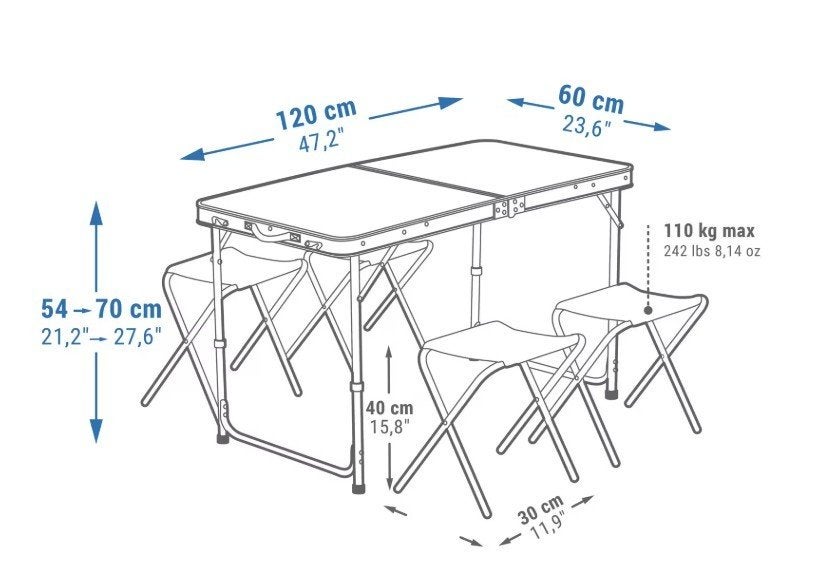 Opklapbare campingtafel met 4 krukken 120x60, Caravans en Kamperen, Ophalen, Zo goed als nieuw, Campingtafel