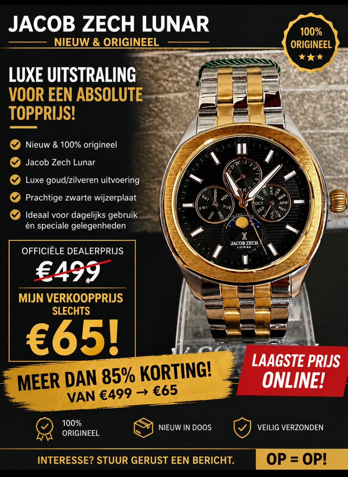 JACOB ZECH LUNAR CHRONO T.W.V.499€! 💯%NIEUW, ORIGINEEL!, Ophalen of Verzenden, Nieuw