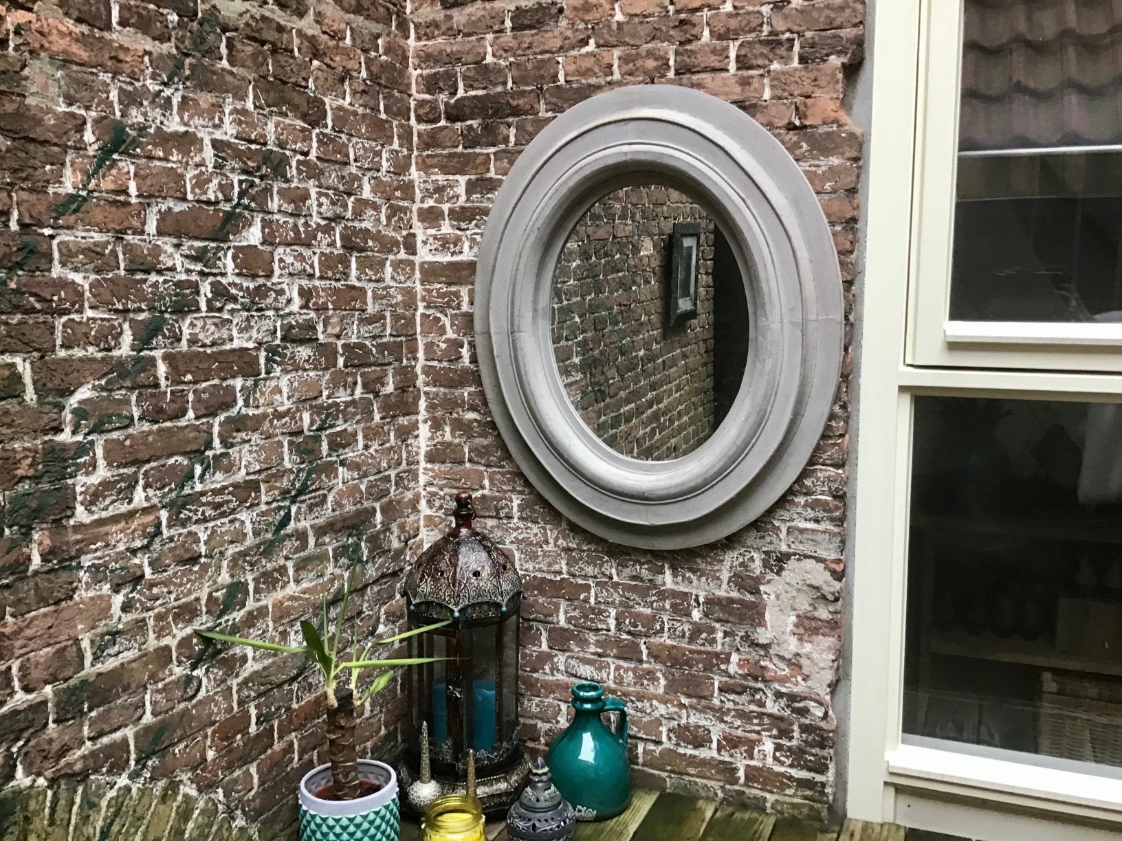 Grote PTMD spiegel ovaal Grijs hout * 91 cm !, Ophalen, Nieuw, Rechthoekig, Minder dan 100 cm