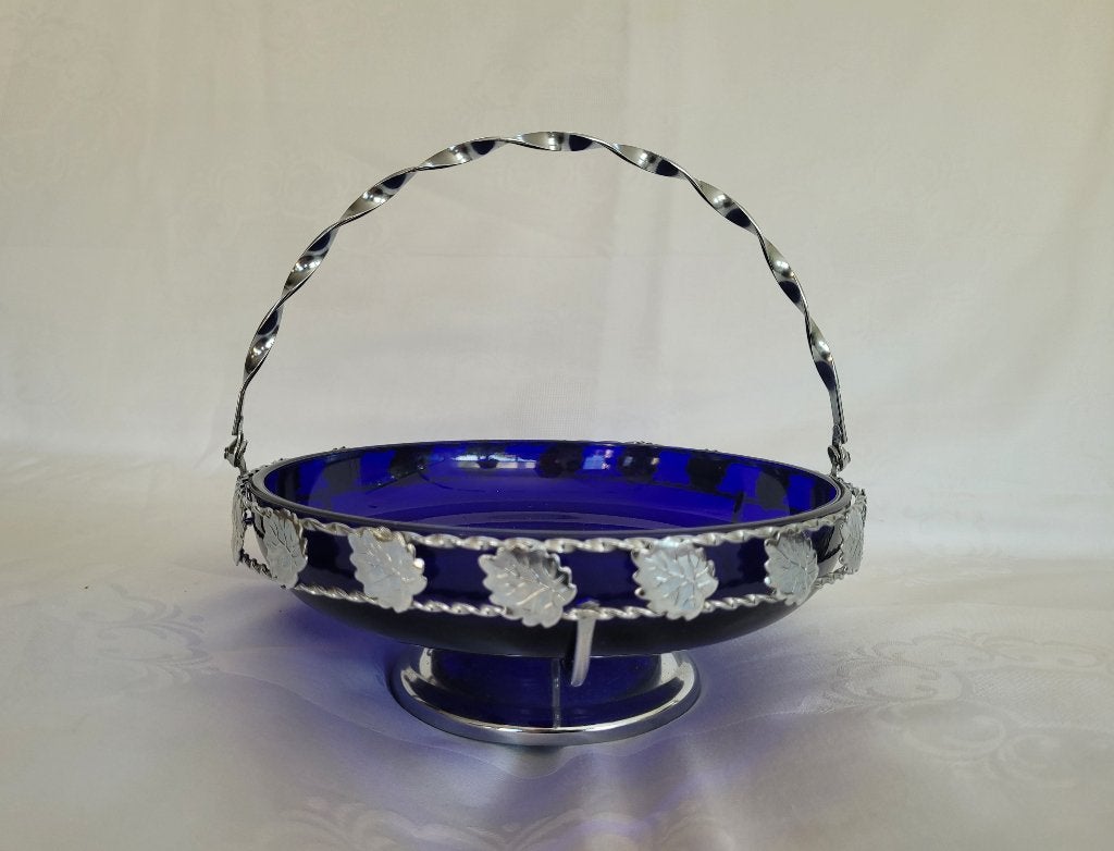 Kobaltblauwe glazen schaal met metalen montuur ca 20 cm., Ophalen of Verzenden