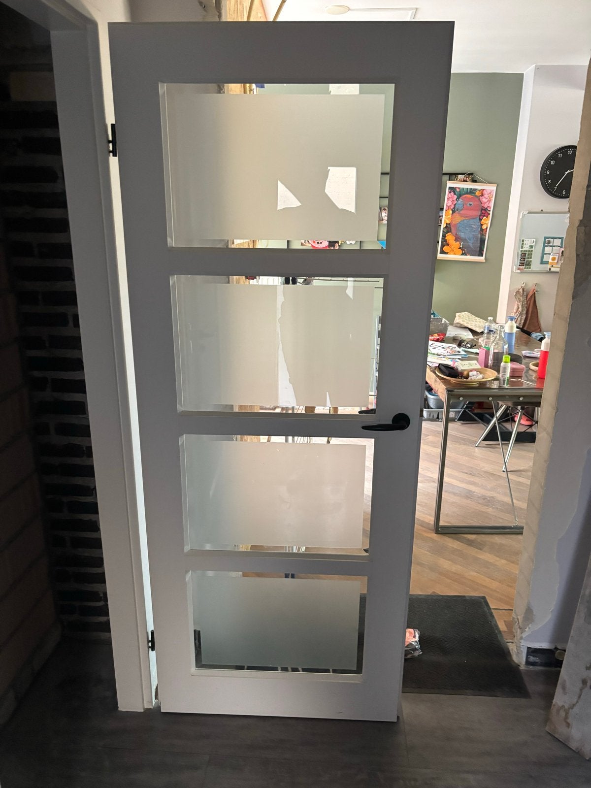 Witte binnendeur met 4 glaspanelen en tochtstrip, Ophalen, Gebruikt, 80 tot 100 cm, Binnendeur