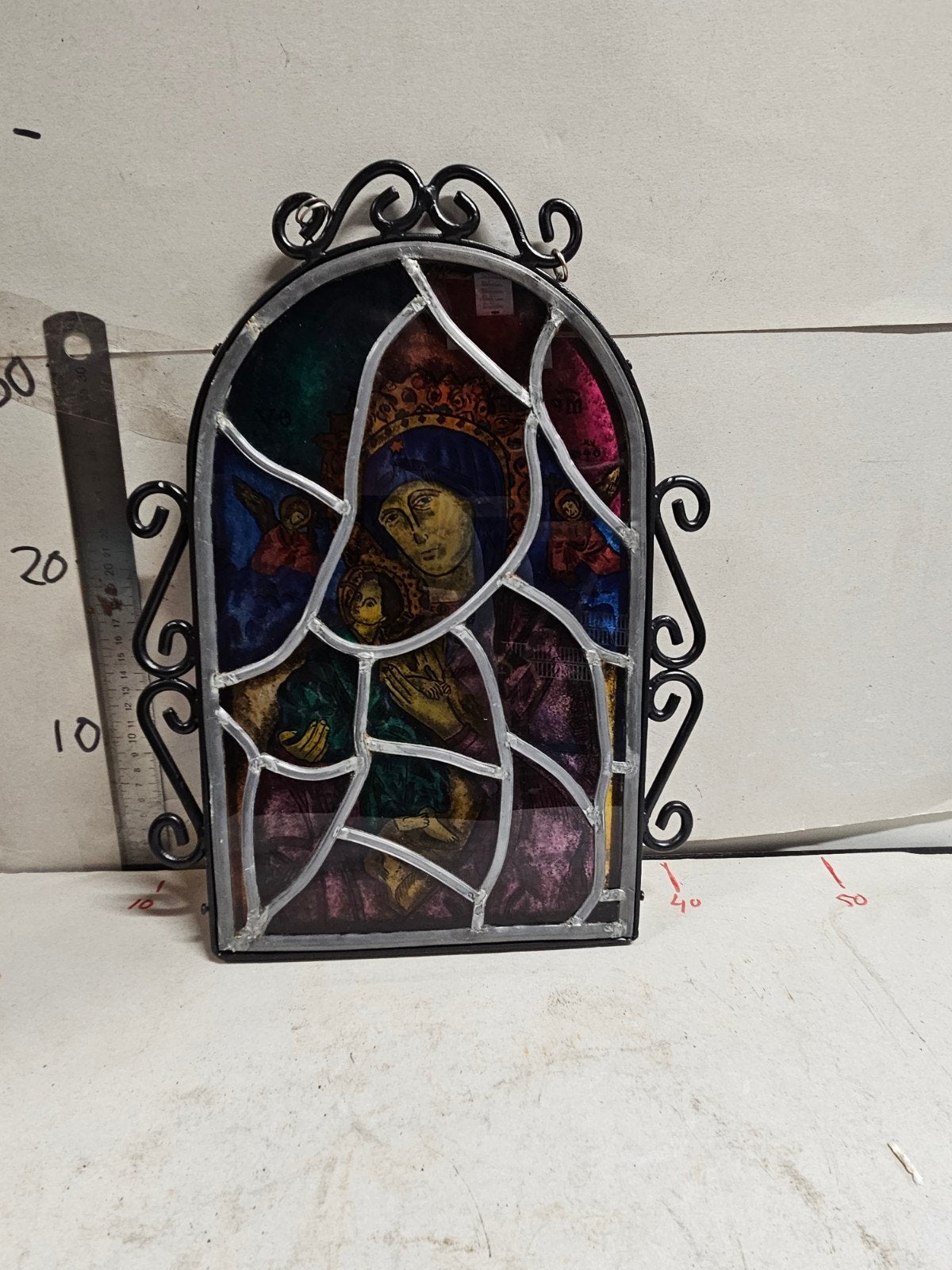 Glas-in-lood raamhanger met religieuze afbeelding, Antiek en Kunst, Antiek | Religie, Ophalen of Verzenden