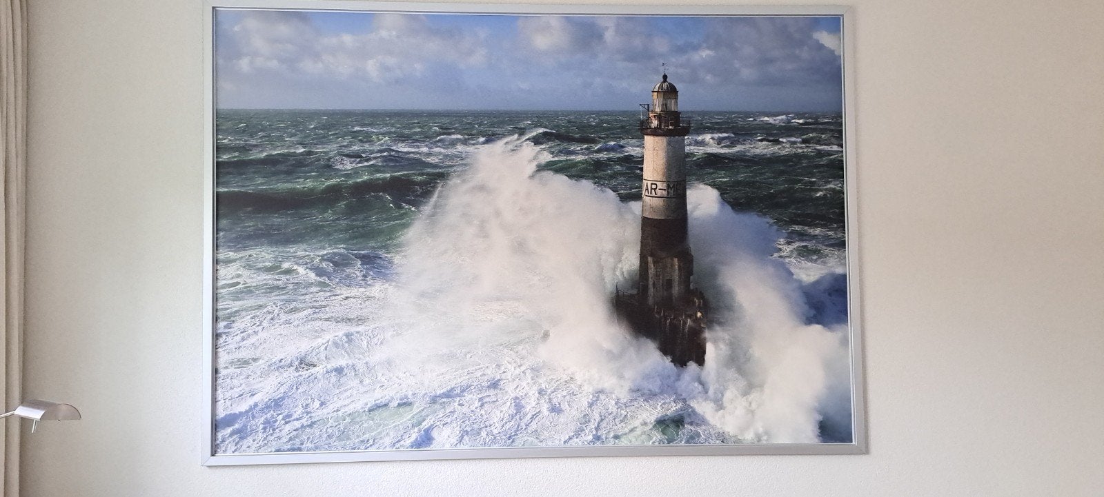 Wanddecoratie: Foto met lijst van vuurtoren in woeste zee, Ophalen, Metaal, Meerkleurig, Ingelijst