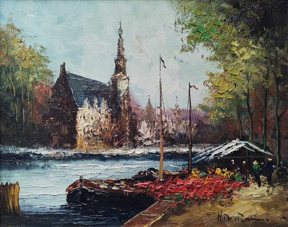 H. de Bruin - Munttoren Amsterdam, Antiek en Kunst, Kunst | Schilderijen | Klassiek, Ophalen of Verzenden
