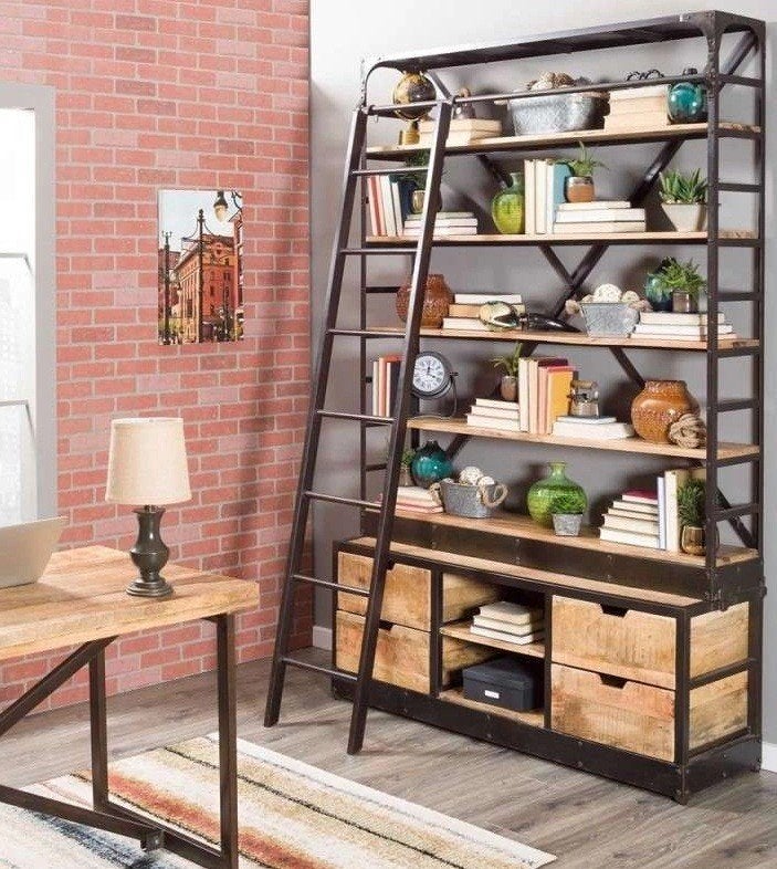 Boekenkast Industrieel mangohout Ladder Big zwart, Met plank(en), 200 cm of meer, 150 tot 200 cm, Zo goed als nieuw
