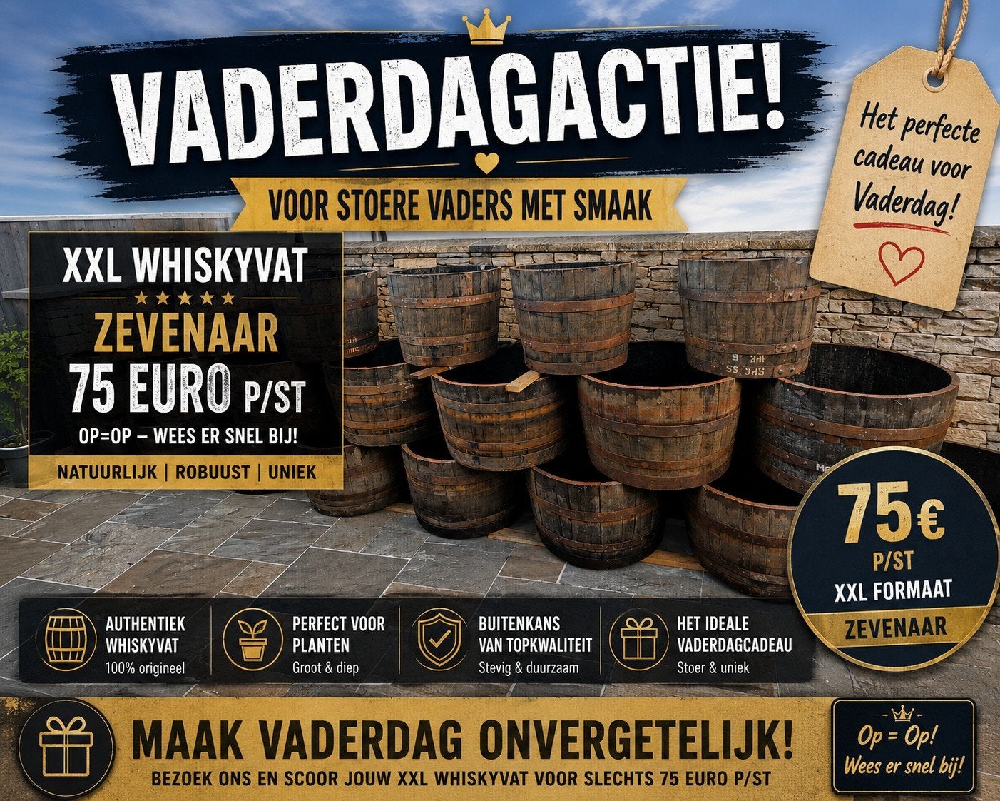 eiken whiskyvat  bloembak vijvertje plantenbak xxl puntgaaf!, Ophalen, Rond, Nieuw, 60 tot 100 cm