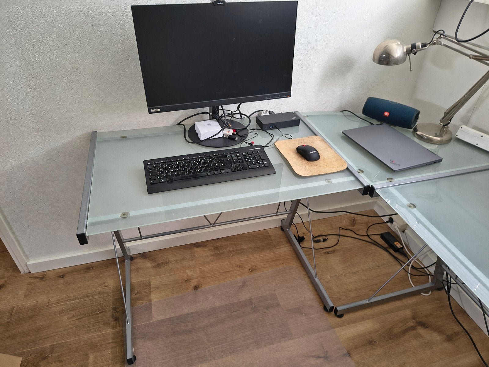 Hoek bureau metal en glas, Ophalen, Demontabel, Gebruikt, 150 cm