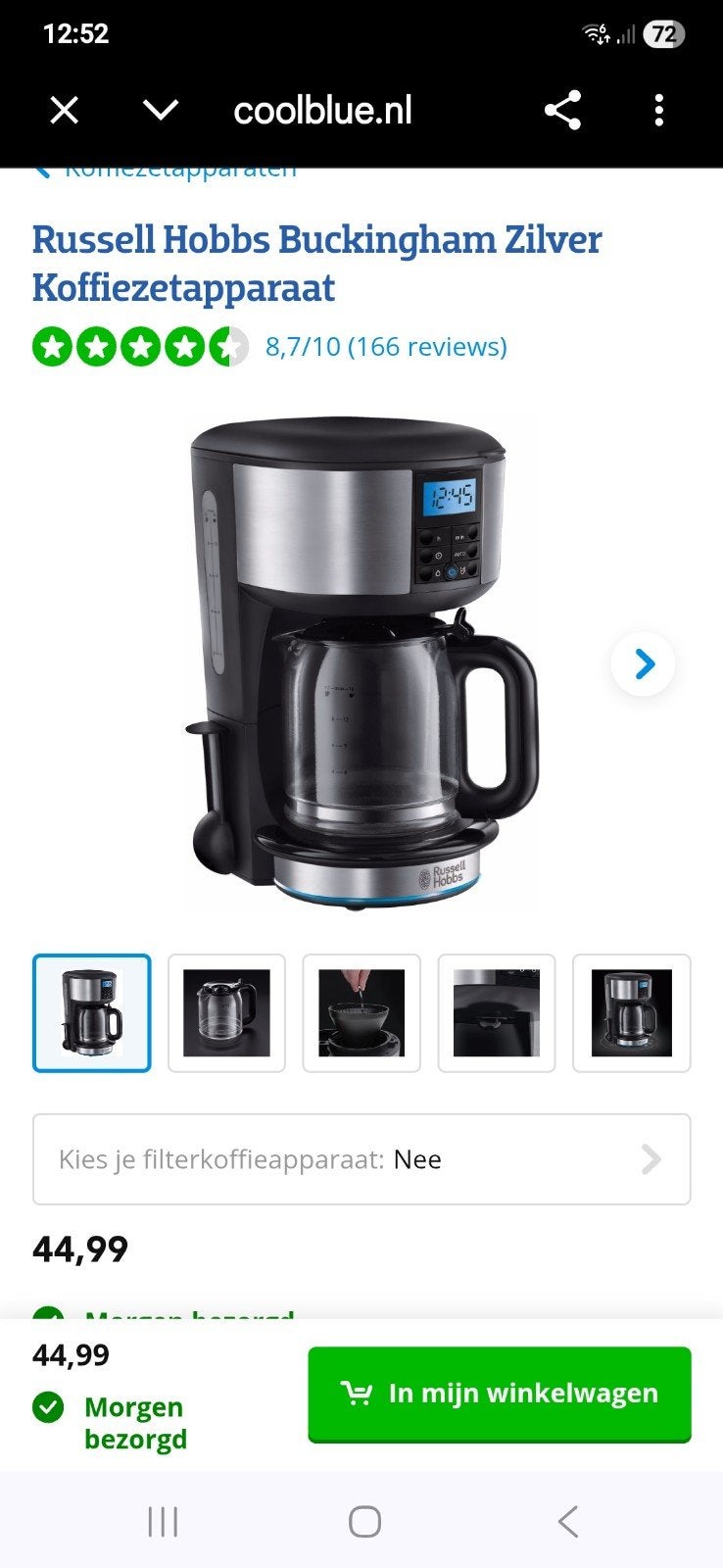 Koffiezetapparaat Russell Hobbs Buckingham Zilver, 10 kopjes of meer, Ophalen of Verzenden, Zo goed als nieuw, Koffiemachine