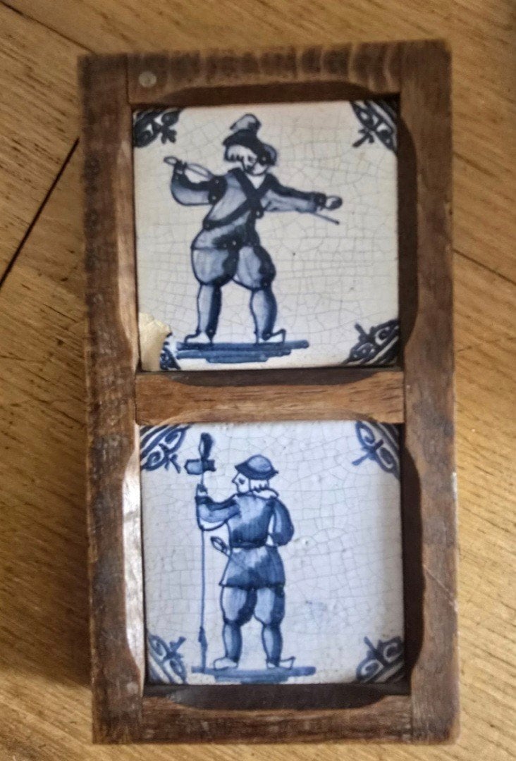 Antieke Delfts Blauwe Tegels in Houten Lijst, Ophalen of Verzenden