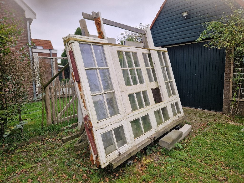 Hardhouten pui van dubbelglas met 2 openslaande deuren, Doe-het-zelf en Verbouw, Ophalen, Gebruikt, Inclusief glas, 225 cm of meer